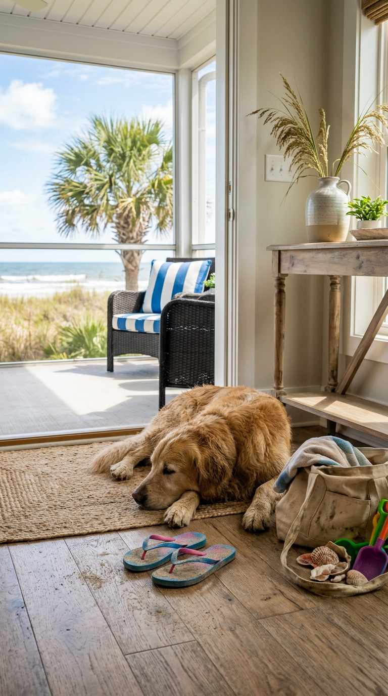 Illustration of “Coastal Family Chaos: Managing Sand, Pet Dander, and Humidity-Driven Odors in Grand Strand Homes” — Coastal Living article cover
