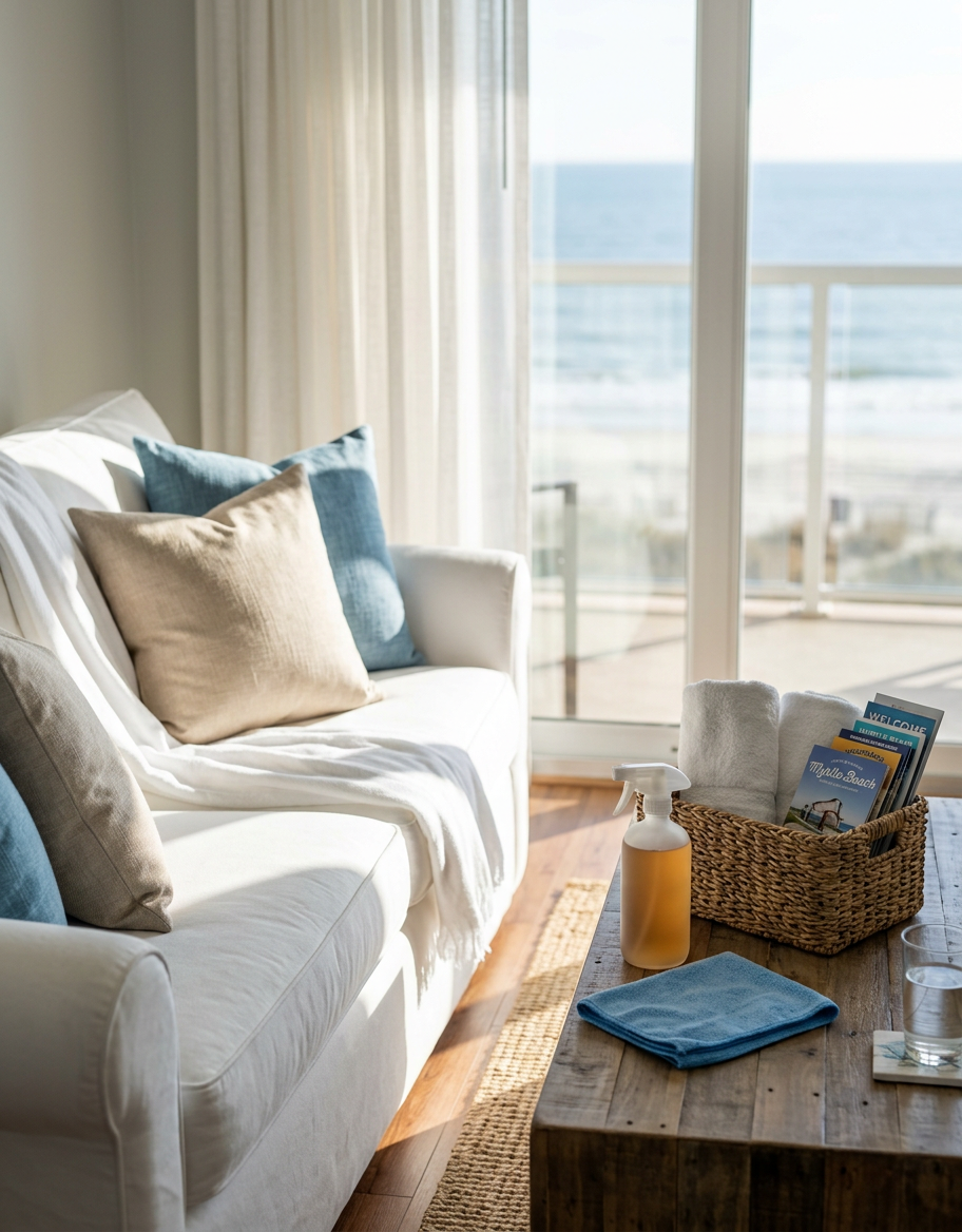 Illustration of “Disinfection Demystified: The Real Costs, Risks, and Product Safety of DIY vs. Professional Sanitization in Grand Strand Rentals” — Vacation Rentals article cover