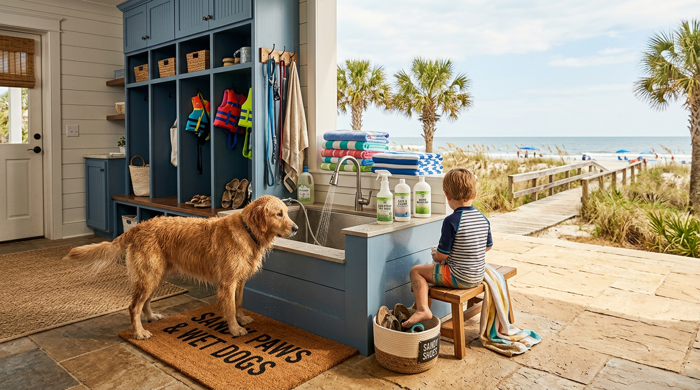 Illustration of “Managing the Wet-Dog and Sandy-Foot Transition: Child-Safe, Pet-Friendly Entryway and Mudroom Decontamination in Grand Strand Homes” — Coastal Living article cover