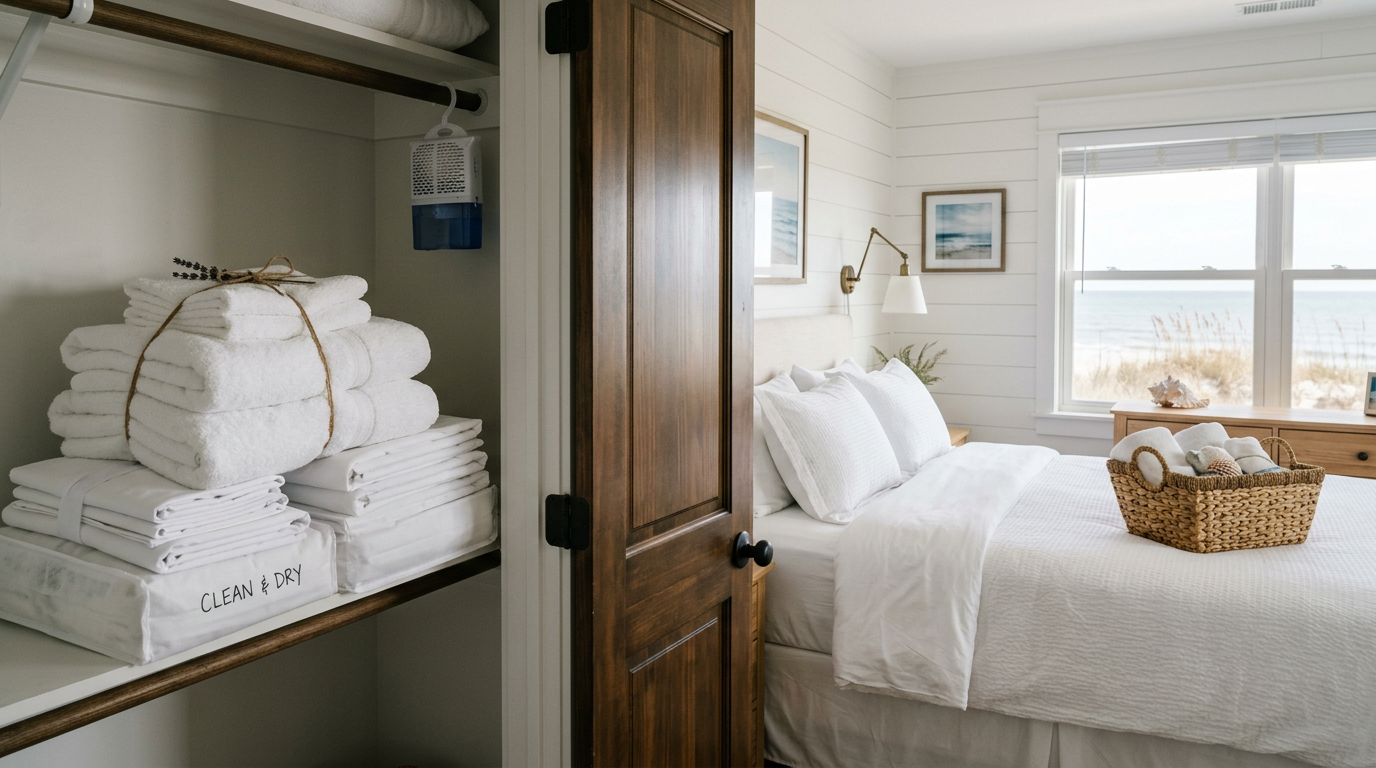Illustration of “Preventing Off-Season Mustiness: How to Store Vacation Rental Linens in Myrtle Beach” — Linens & Laundry article cover