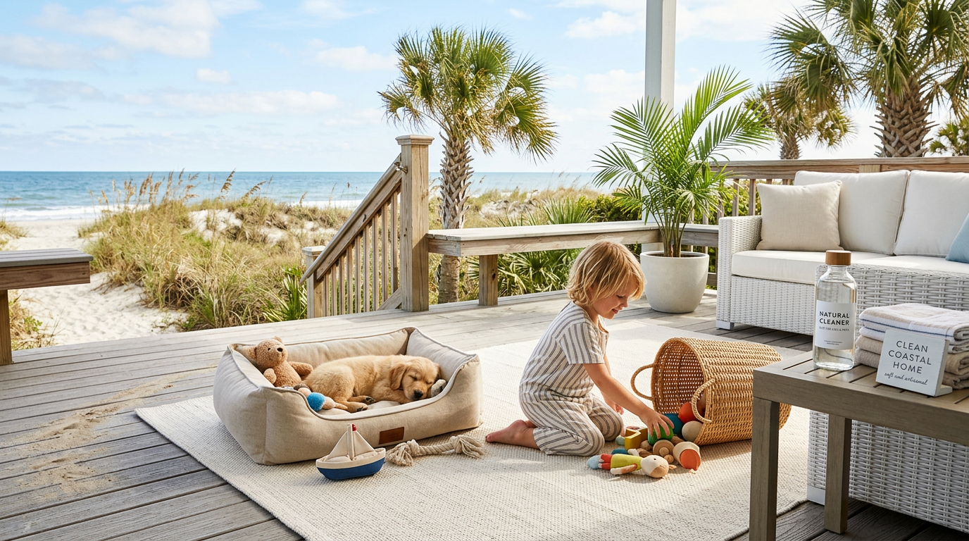 Illustration of “Sanitizing Coastal Soft Surfaces: Child-Safe Pet Bed, Toy, and Play Area Maintenance in High-Humidity Myrtle Beach Homes” — Coastal Living article cover