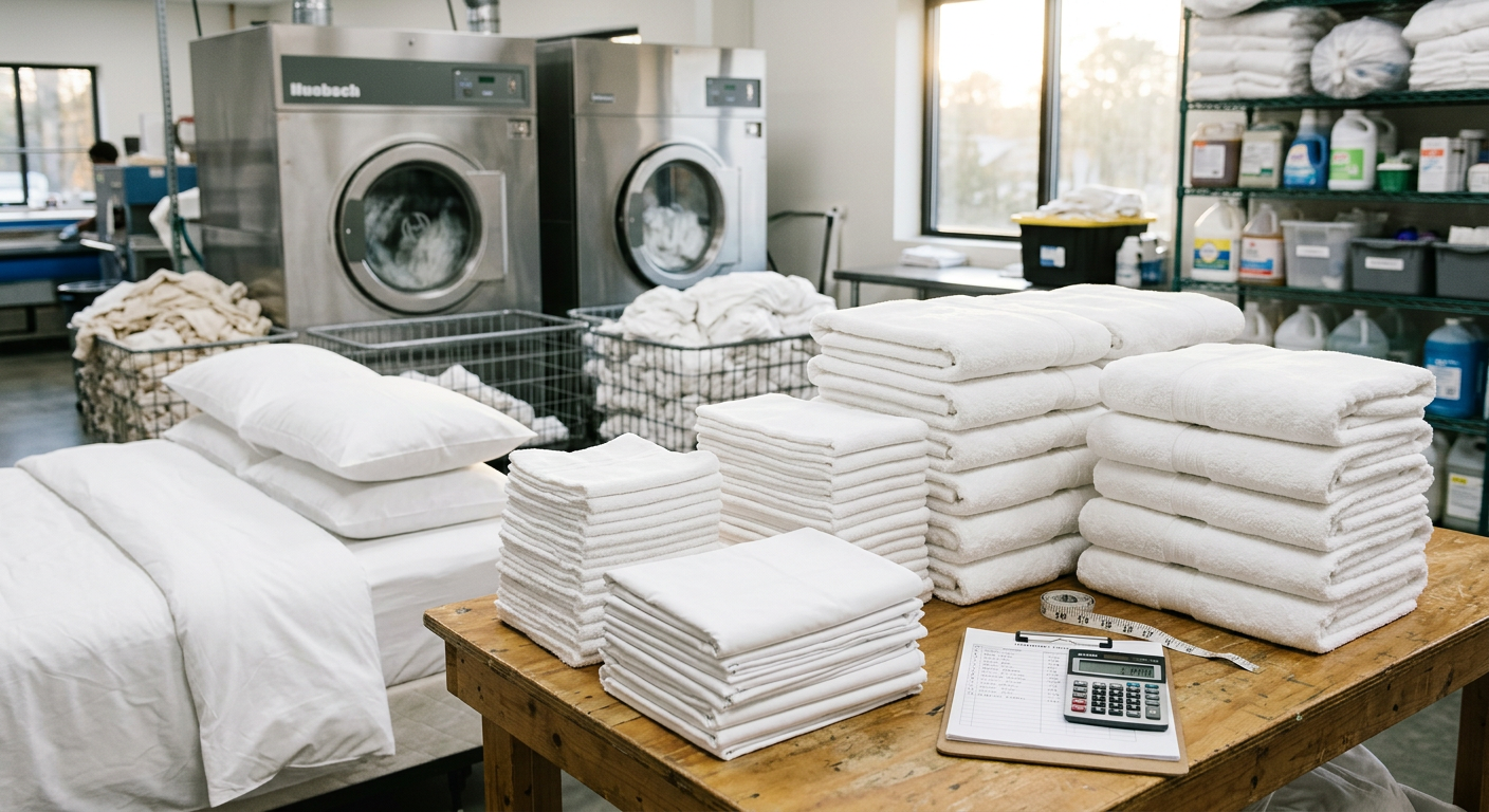 Illustration of “The 3-Par Linen Formula: Calculating Inventory Lifespans and Industrial Wash Formulas for Grand Strand Vacation Rentals” — Linens & Laundry article cover