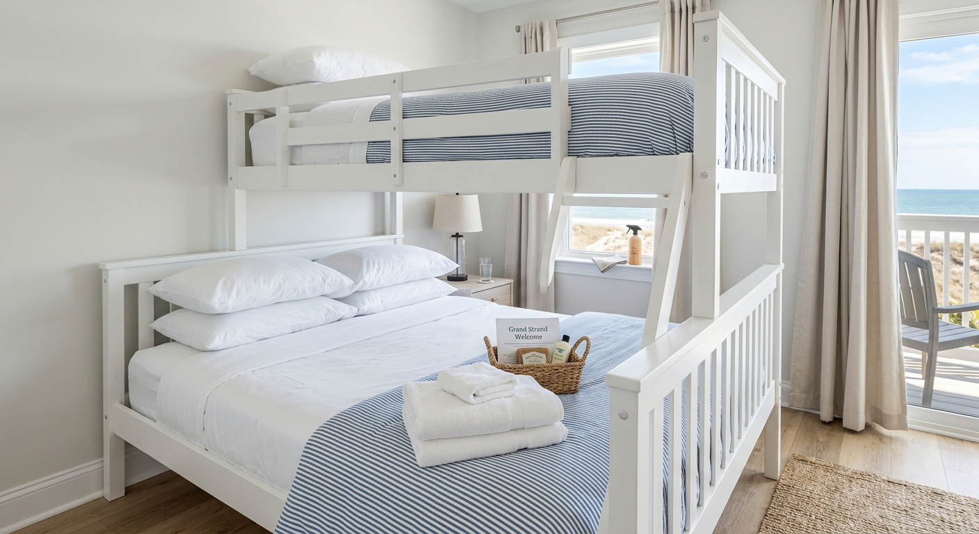 Illustration of “The Bunk Bed Turnover Protocol: Safety Inspections, High-Zone Detailing, and Dust-Free Bedding Practices for Grand Strand Family Rentals” — Vacation Rentals article cover