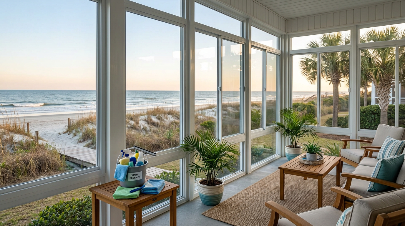 Illustration of “The Carolina Room and Eze-Breeze Restoration: Costs, Vinyl Safety, and Professional Clean-Outs for Grand Strand Homeowners” — Coastal Living article cover
