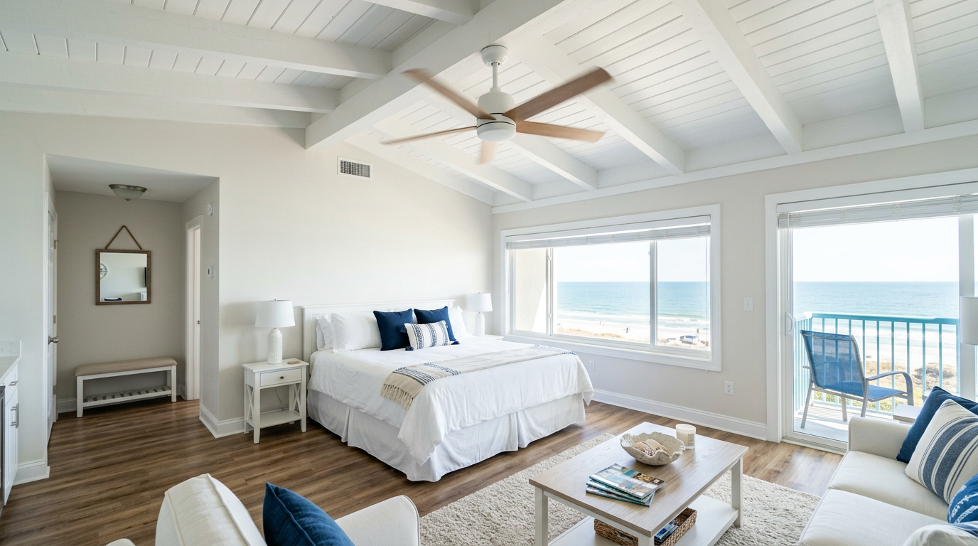 Illustration of “The Coastal Ceiling Fan and Vent Dust-Release Protocol: Mitigating Humid Grey Lint, Static-Cling Dander, and Airflow Failures in Grand Strand Rental Turnovers” — Vacation Rentals article cover