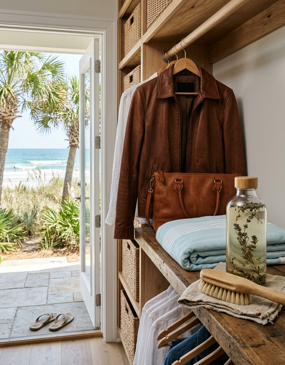 Illustration of “The Coastal Closet Microclimate: Managing Leather Mold, Organic Fiber Allergens, and Low-VOC Botanical Preservation in Grand Strand Homes” — Coastal Living article cover