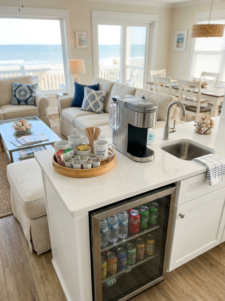 Illustration of “The Coastal Coffee Station and Beverage Center Turnover Protocol: Mitigating Hard-Water Scale, Yeast Biofilms, and Sticky Syrups in Grand Strand Vacation Rentals” — Vacation Rentals article cover