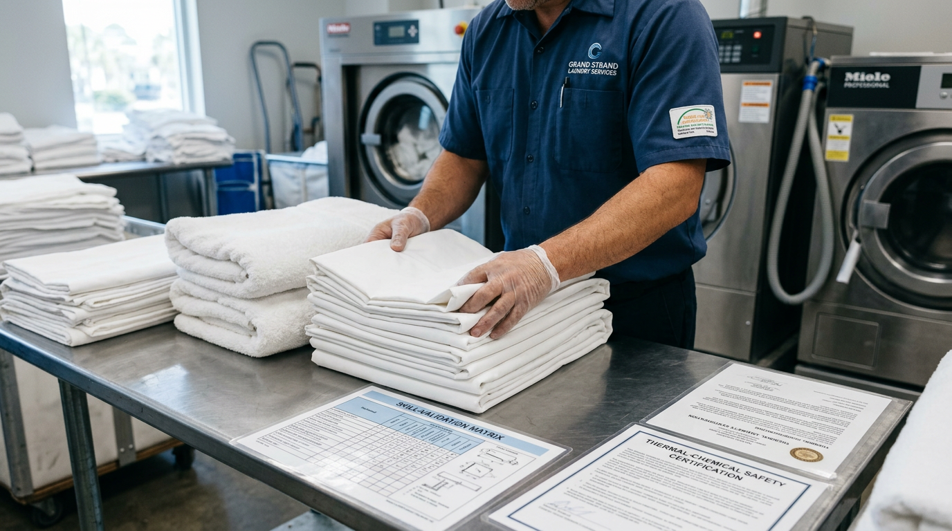 Illustration of “The Coastal Commercial Laundry Technician Career Pathway: Technical Skill-Validation Matrices, Thermal-Chemical Safety Certifications, and Competitive Compensation Benchmarks for Grand Strand Hospitality Plants” — Linens & Laundry article cover