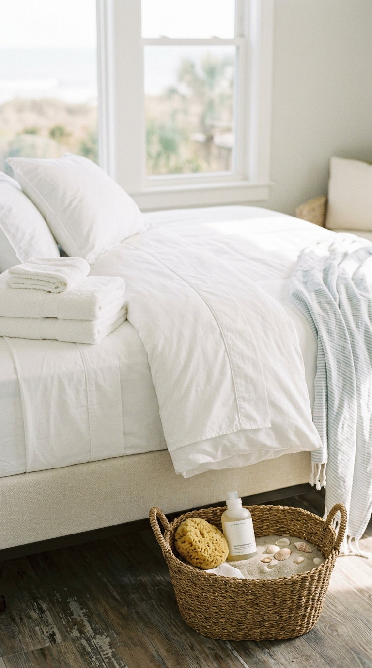 Illustration of “The Coastal Duvet Insert and Protector Sanitation Protocol: Managing Body-Oil Yellowing, Sand-Grit Intrusion, and Mildew Spores in Grand Strand Vacation Rentals” — Linens & Laundry article cover