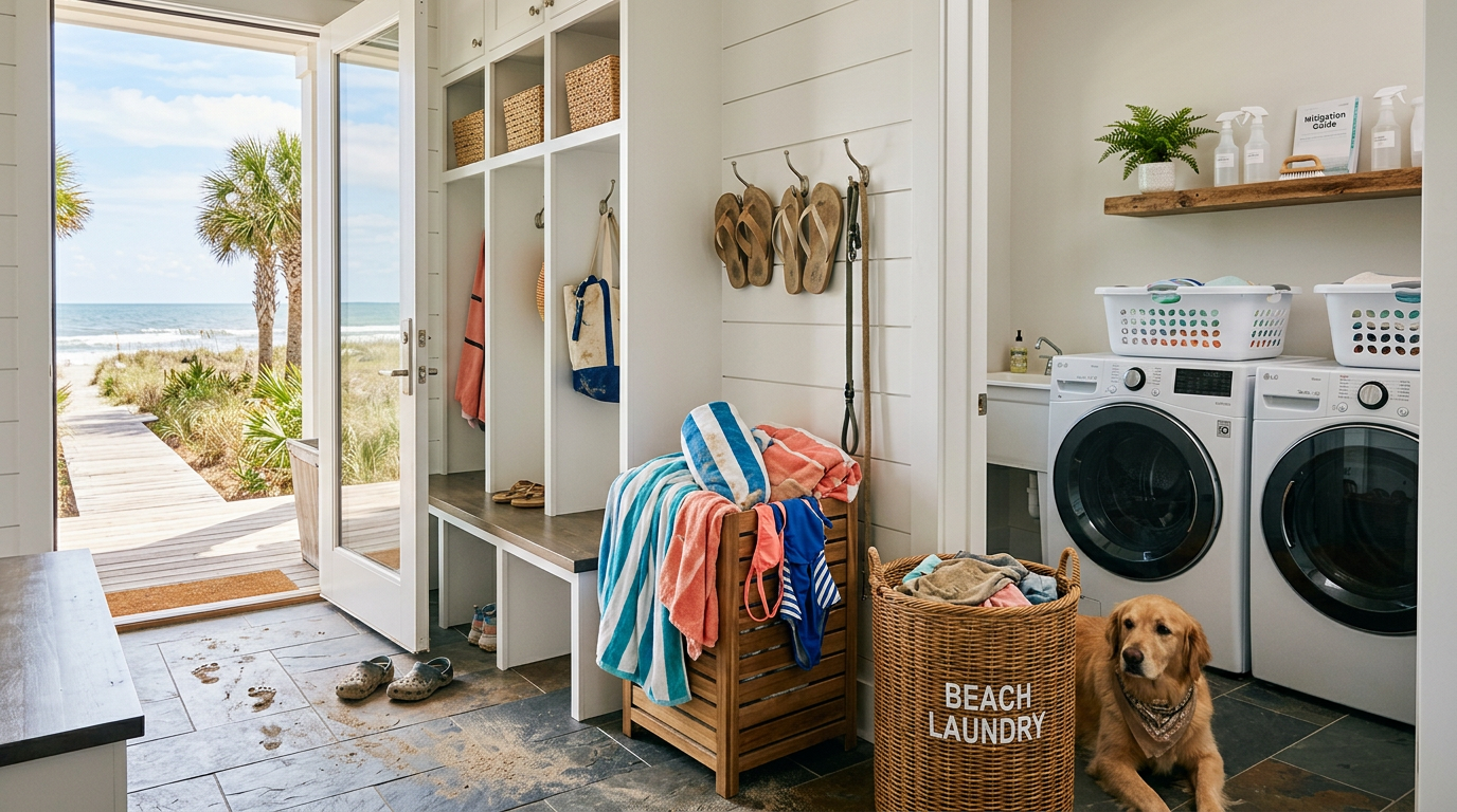 Illustration of “The Coastal Family Hamper and Mudroom Laundry Loop: Mitigating Yeast, Sand-Wear, and Mildew in High-Humidity Grand Strand Homes” — Coastal Living article cover