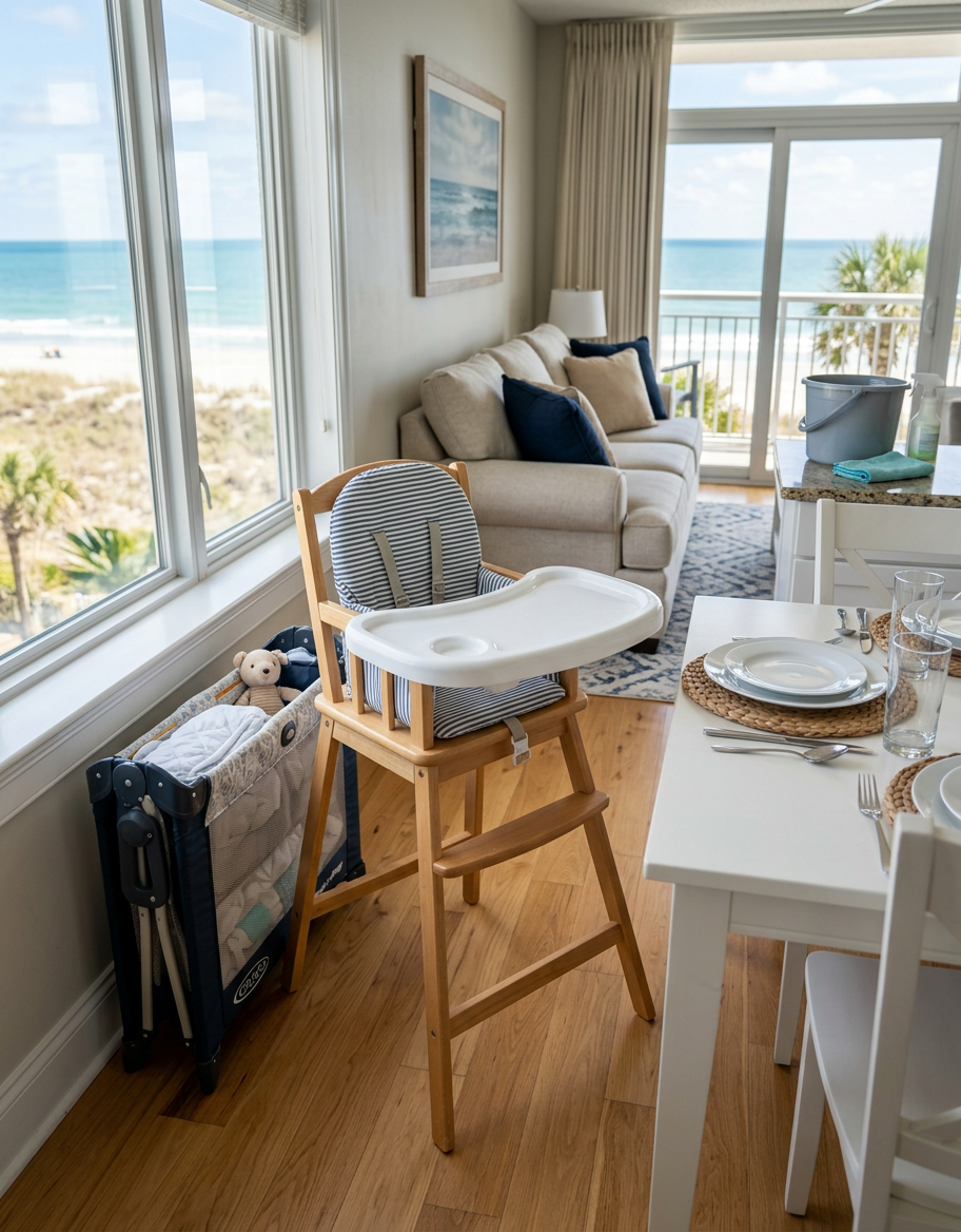 Illustration of “The Coastal High-Chair and Pack-and-Play Sanitization Protocol: Preventing Organic Biofilms, Sand-Grit Accumulation, and Mold Spores in Grand Strand Family Rentals” — Vacation Rentals article cover