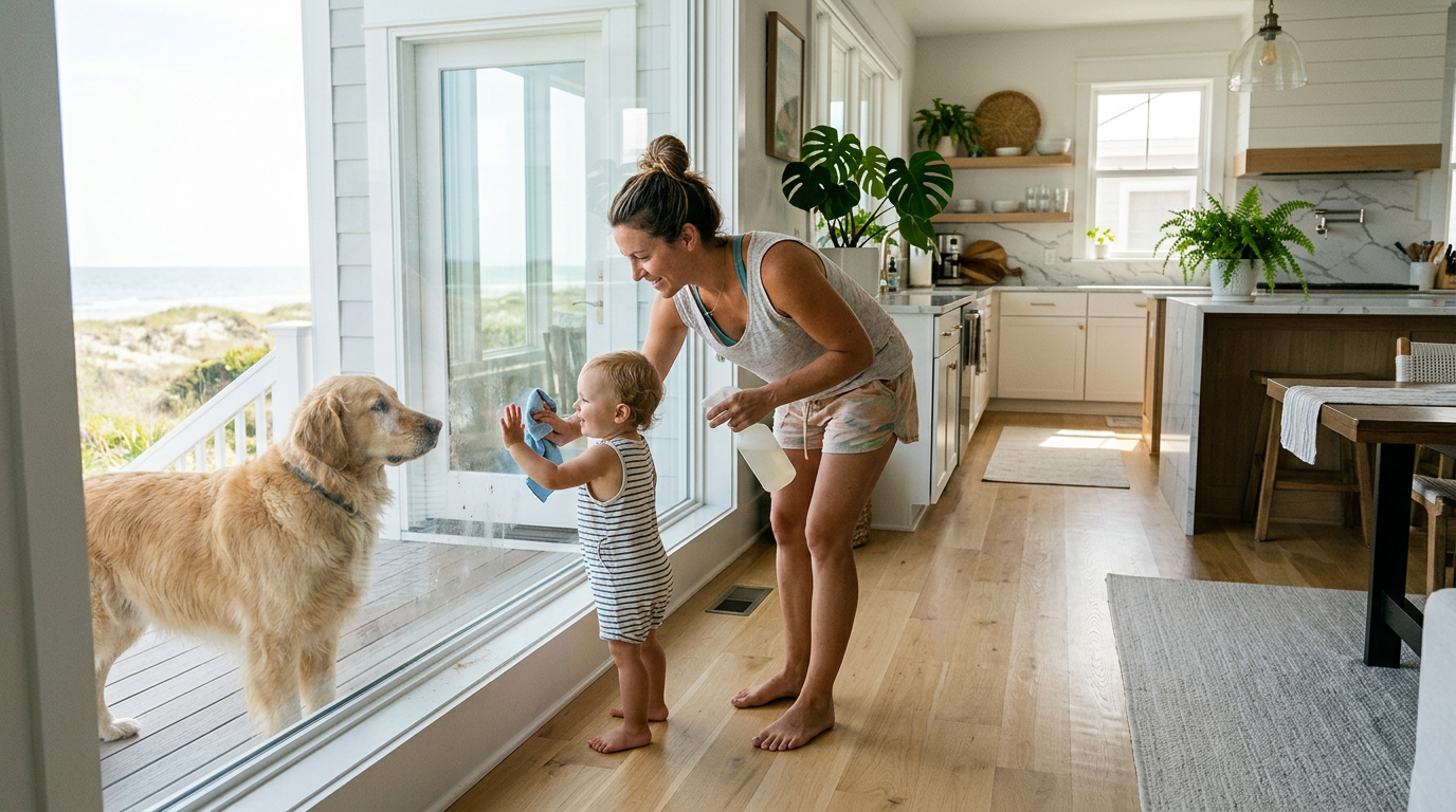 Illustration of “The Coastal Low-Level Window and Glass Viewing Zone Decontamination Protocol: Mitigating Toddler Handprints, Dog-Nose Sebum Slurry, and Humid Pollen-Sand Adhesion in Grand Strand Family Homes” — Home Cleaning article cover