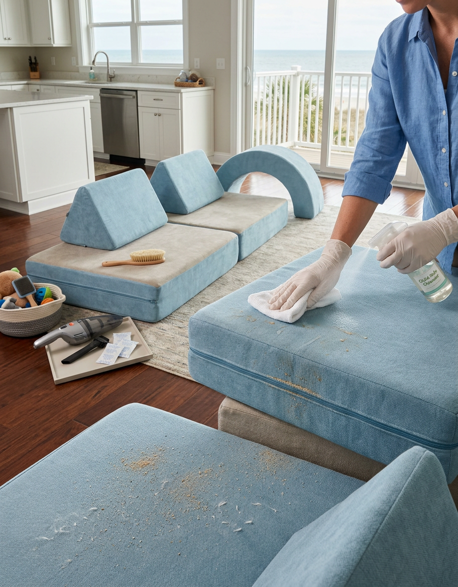 Illustration of “The Coastal Modular Foam Play-Couch Decontamination Protocol: Managing Sand-Grit, Pet Dander, and Humidity-Trapped Spills in Grand Strand Homes” — Home Cleaning article cover