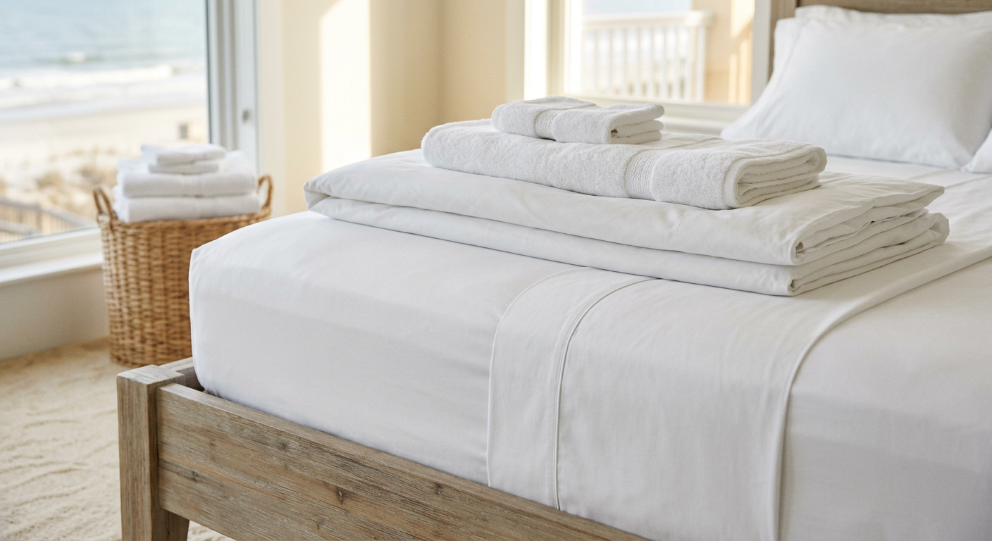 Illustration of “The Coastal Percale and Sateen Tensile Strength Preservation Protocol: Mitigating Sand-Friction Shredding, High-Alkaline Wash Rot, and Industrial Calender Scorching in Grand Strand Rental Linens” — Linens & Laundry article cover