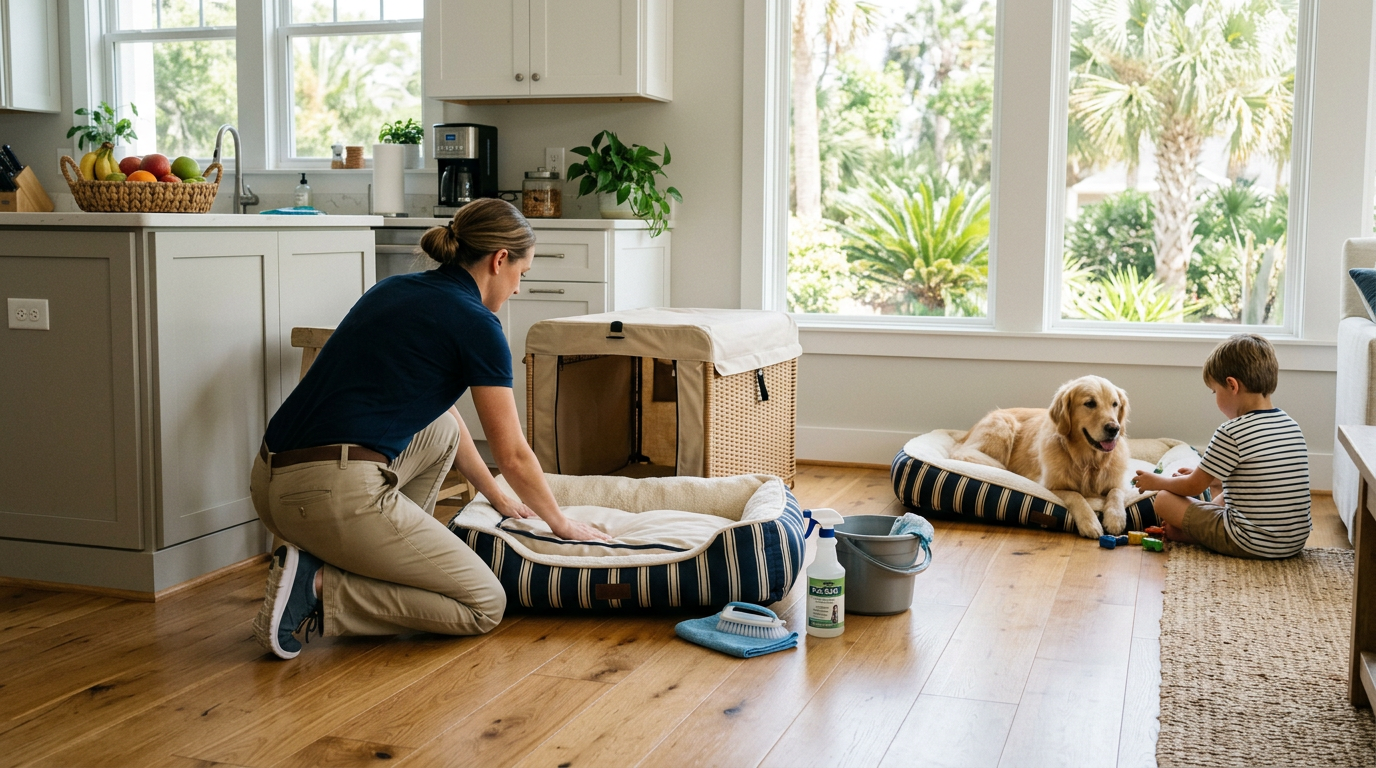 Illustration of “The Coastal Pet-Crate and Indoor Dog-Bed Restoration Protocol: Mitigating Humid Yeast Biofilms, Dander Reservoirs, and Urine-Ammonia Interactions in Grand Strand Homes” — Home Cleaning article cover
