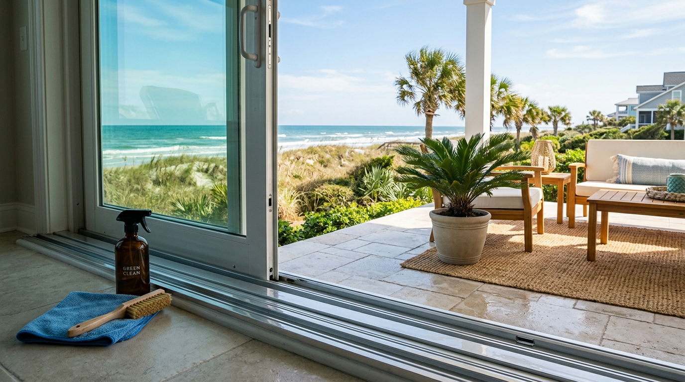 Illustration of “The Coastal Sliding Glass Door Track and Weep-Hole Decontamination Protocol: Mitigating Mold Bio-Sludge, Wind-Driven Allergens, and Chemical Runoff in Grand Strand Homes” — Coastal Living article cover
