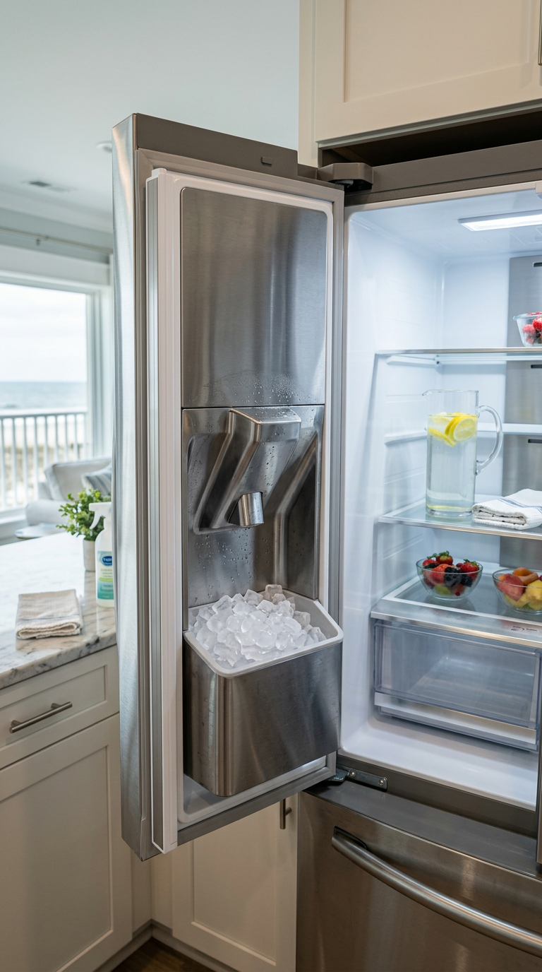 Illustration of “The Coastal Smart-Fridge and Ice Maker Sanitation Protocol: Mitigating Hard-Water Scale, Seafood Odor Migration, and Chute Biofilms in Grand Strand Rental Turnovers” — Vacation Rentals article cover