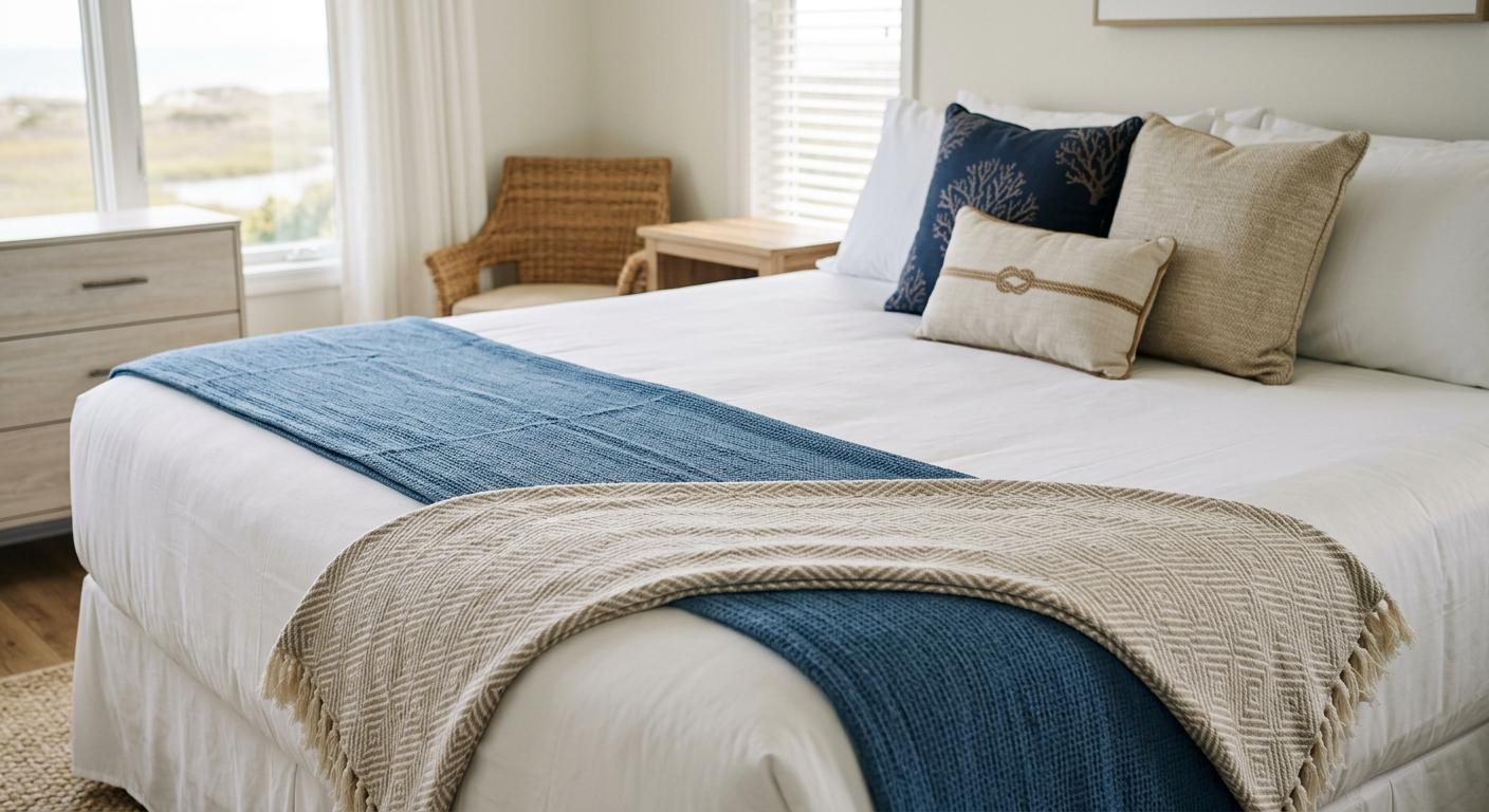 Illustration of “The Coastal Vacation Rental Decorative Throw Pillow, Accent Blanket, and Bed Scarf Turnover Protocol: Mitigating Unwashed Textile Soil, Sand-Grit Accumulation, and Guest Hygiene Complaints under Grand Strand Turn Pressures” — Vacation Rentals article cover