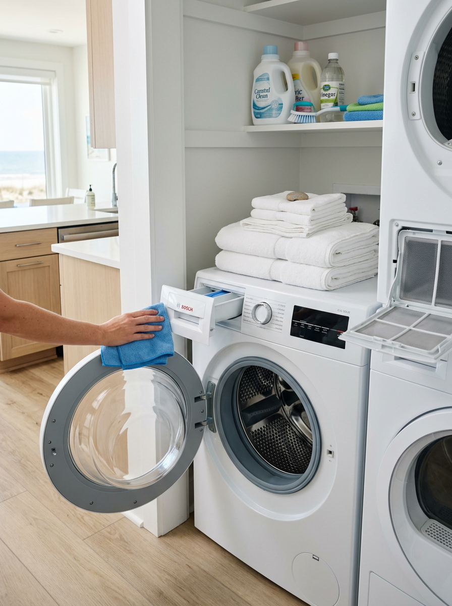 Illustration of “The Coastal Vacation Rental In-Unit Washer and Dryer Turnover Protocol: Mitigating Sand-Clogged Drums, Damp Gasket Mildew, and Leftover Lint Hazards under Grand Strand Saturday Turn Pressures” — Vacation Rentals article cover