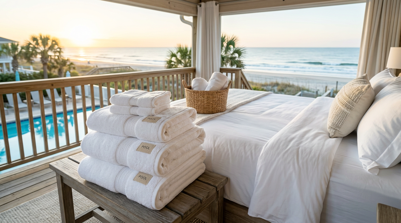 Illustration of “The Coastal Vacation Rental Pool and Cabana Towel Preservation Protocol: Mitigating Sunscreen-Bonded Yellowing, Chlorine Fiber Rot, and Peak-Season Inventory Shrinkage” — Linens & Laundry article cover