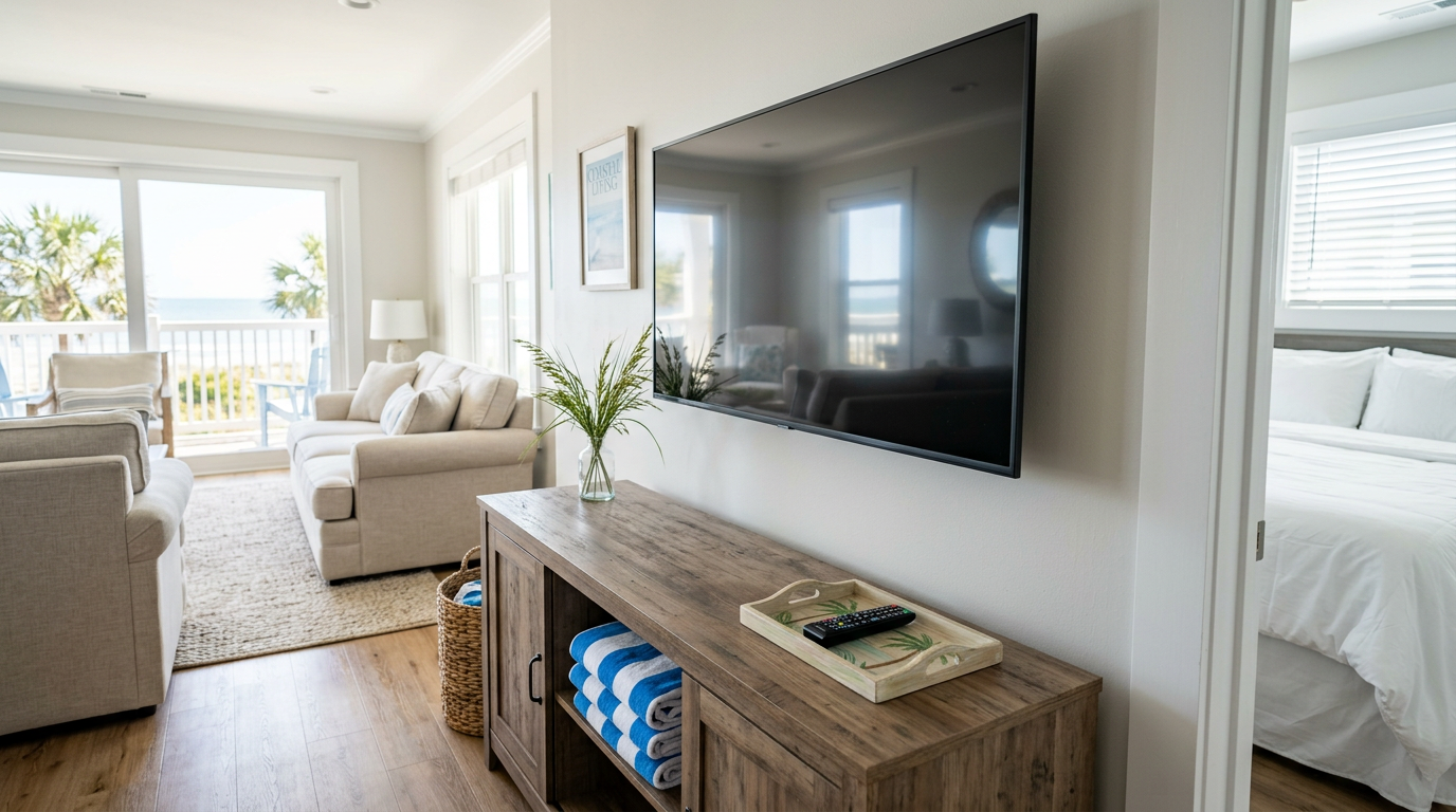 Illustration of “The Coastal Vacation Rental Smart TV, Media Console, and Remote Control Turnover Protocol: Mitigating Sandy Residues, Logged-In Streaming Accounts, and Salt-Air Port Corrosion under Grand Strand Saturday Turn Pressures” — Vacation Rentals article cover