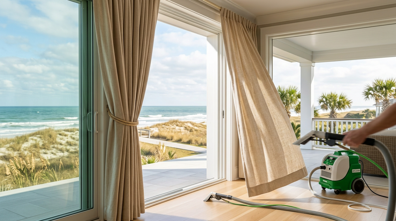 Illustration of “The Coastal Window Treatment and Blackout Drapery Sanitization Protocol: Mitigating Humid Mold Spores, Pollen Reservoirs, and VOC-Free Allergen Release in Grand Strand Homes” — Coastal Living article cover
