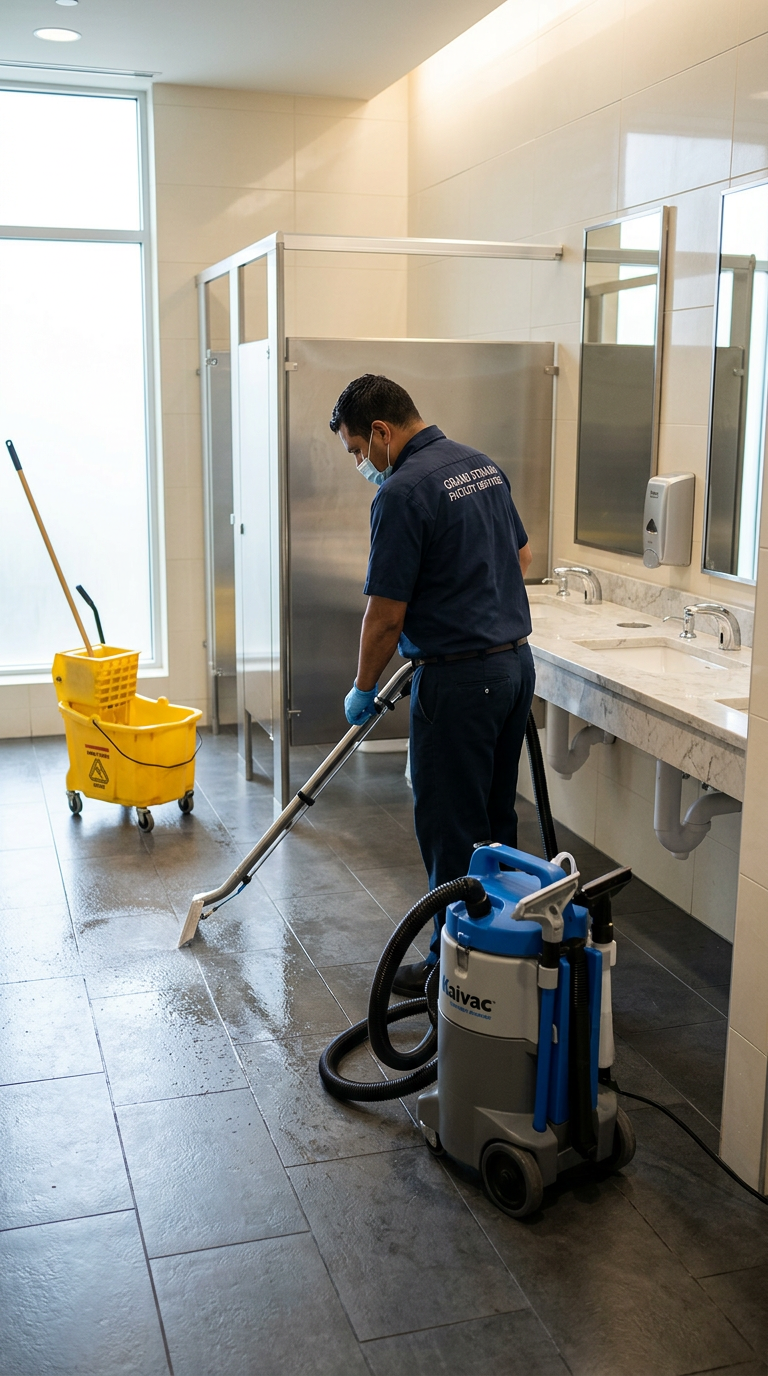 Illustration of “The Commercial Restroom Touchless Sanitation Standard: Transitioning from Manual Mopping to ISSA-Standard Spray-and-Vac Systems in Grand Strand Facilities” — Commercial & Hospitality article cover