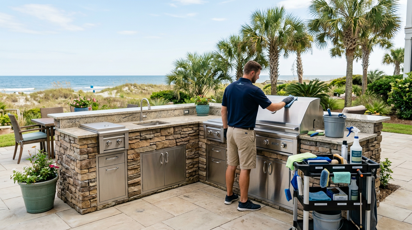 Illustration of “The Cost of Cleaning Luxury Outdoor Kitchens: Salt-Grease Chemical Interactions, Stone Masonry Safety, and Vetting Grand Strand Specialists” — Coastal Living article cover
