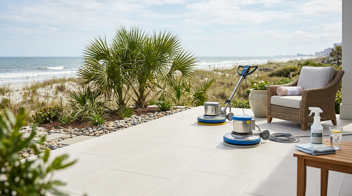 Illustration of “The Cost of Restoring Coastal Engineered Quartz Countertops: Mitigating Resin Yellowing, Chemical Etching, and Hard-Water Mineral Haze in Grand Strand Homes” — Coastal Living article cover