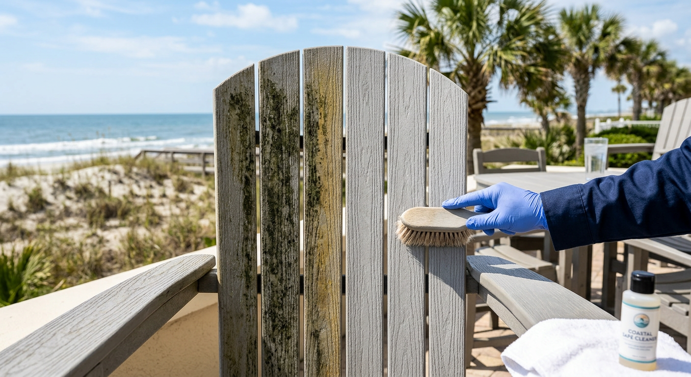Illustration of “The Cost of Restoring Coastal HDPE and Polywood Outdoor Furniture: Mitigating Deep-Grain Mold Biofilms, Sunscreen Yellowing, and Material-Safe Chemistry in Grand Strand Homes” — Coastal Living article cover