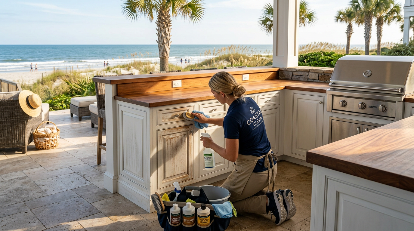 Illustration of “The Cost of Restoring Coastal Kitchen Cabinets and Custom Millwork: Mitigating Salt-Damp Grease Bind, Polyurethane Softening, and Material-Safe Chemistry in Grand Strand Homes” — Coastal Living article cover