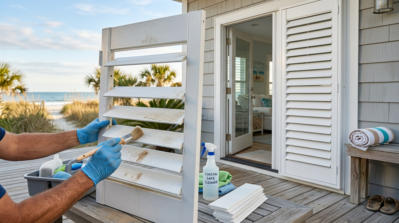 Illustration of “The Cost of Restoring Coastal Plantation Shutters: Managing Salt-Damp Warping, Sand-Grit Louver Friction, and Material-Safe Chemistry in Grand Strand Homes” — Coastal Living article cover