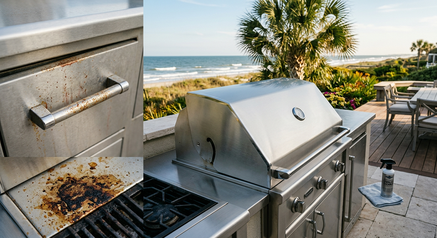 Illustration of “The Cost of Restoring Coastal Stainless Steel Outdoor Kitchens: Mitigating Salt-Air Tea-Staining, Pitting Corrosion, and Polymerized Grease in Grand Strand Homes” — Coastal Living article cover