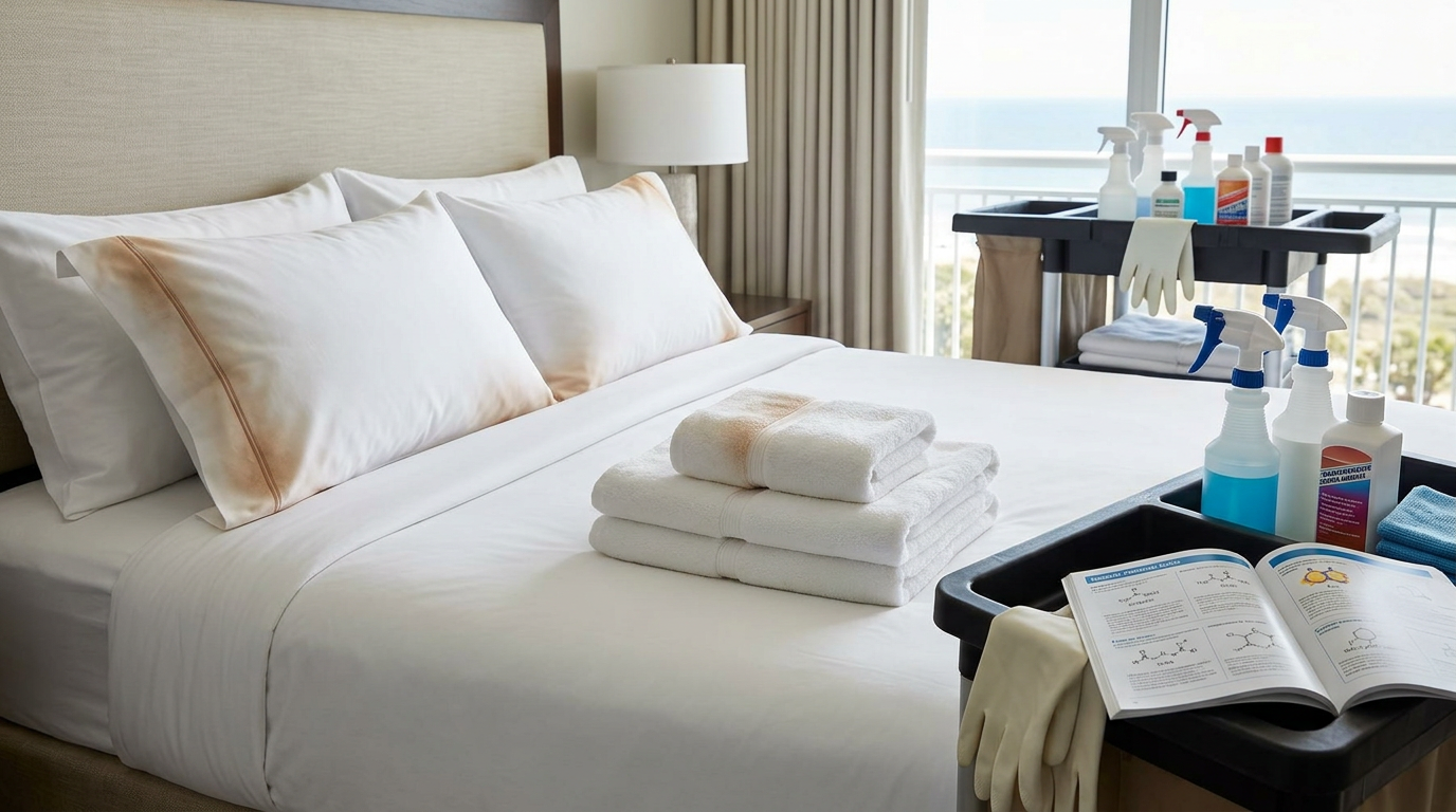 Illustration of “The DHA and Bronzer Extraction Protocol: Salvaging Self-Tanner Stained Linens in Grand Strand Vacation Rentals” — Linens & Laundry article cover