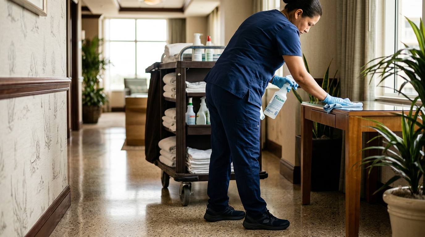 Illustration of “The First-Year Turn Cleaner Retention Blueprint: Overcoming Seasonal Burnout, Physical Fatigue, and Mid-Summer Attrition in Myrtle Beach Hospitality” — Commercial & Hospitality article cover