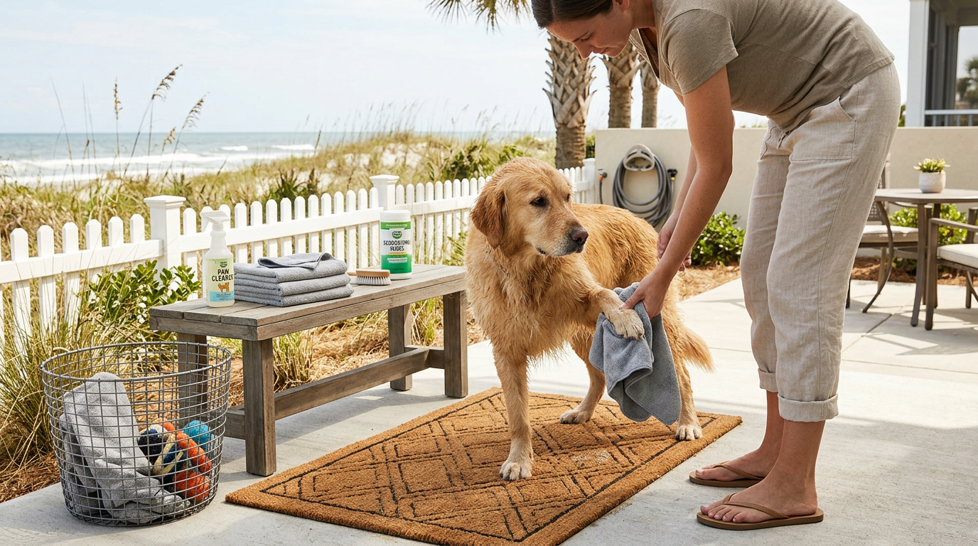 Illustration of “The Grand Strand Family Beach-Dog Entryway and Paw-Wiping Station Protocol: Mitigating Salt-Yeast Odors, Wet-Fur Dander, and Sand-Silt Tracking” — Coastal Living article cover