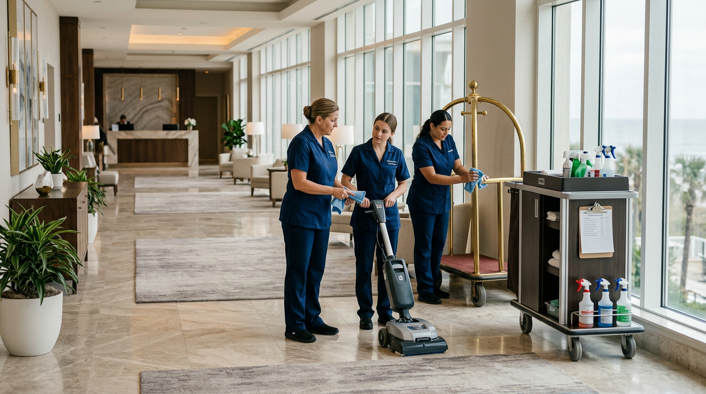 Illustration of “The Grand Strand Hospitality Career Ladder: Structuring Pay, Certifications, and Retention for Year-Round Environmental Services Crews” — Commercial & Hospitality article cover