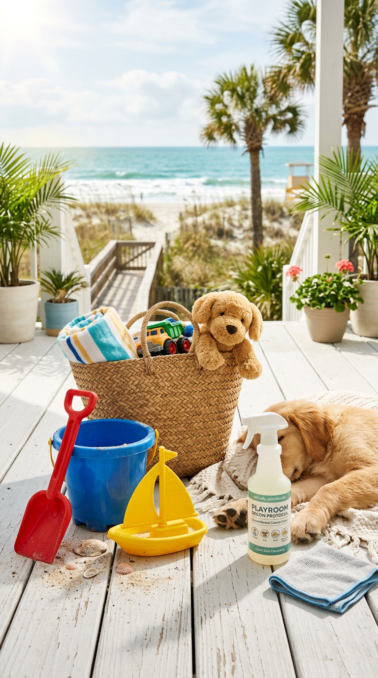 Illustration of “The Grand Strand Playroom and Toy Decontamination Protocol: Neutralizing Pet Saliva, Sand-Grime, and Allergen Bio-Films with Child-Safe Chemistry” — Coastal Living article cover