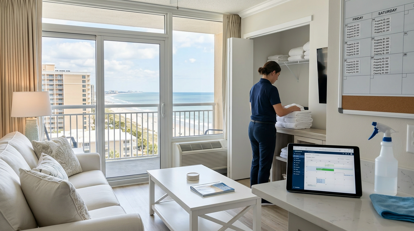 Illustration of “The Grand Strand Vacation Rental Cleaning Cap and Real-Time Turn-Rate Auditing Protocol: Balancing PMS Guest Booking Capacity with Saturday Turnover Operational Limits in Myrtle Beach Portfolios” — Vacation Rentals article cover