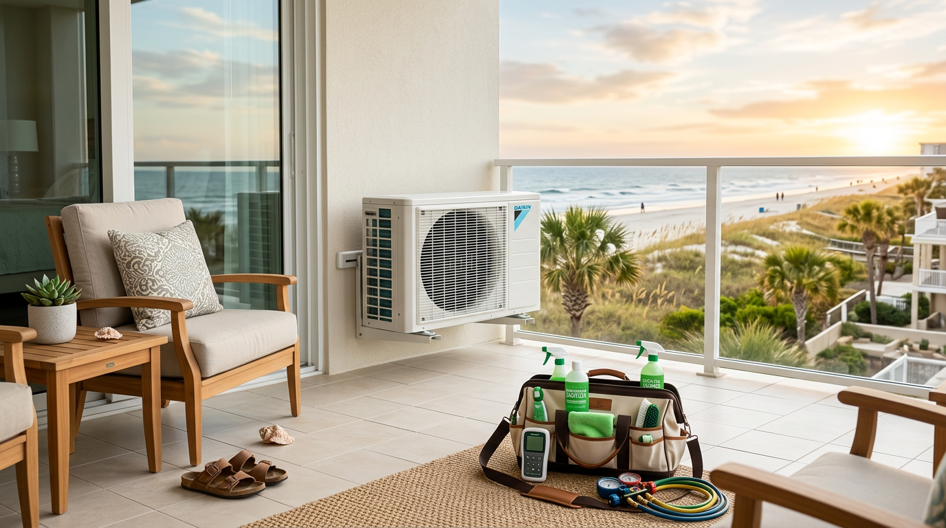Illustration of “The Green PTAC and Mini-Split Sanitization Protocol: Eliminating Coastal Bio-Films and Respiratory Irritants in Grand Strand Condos” — Coastal Living article cover