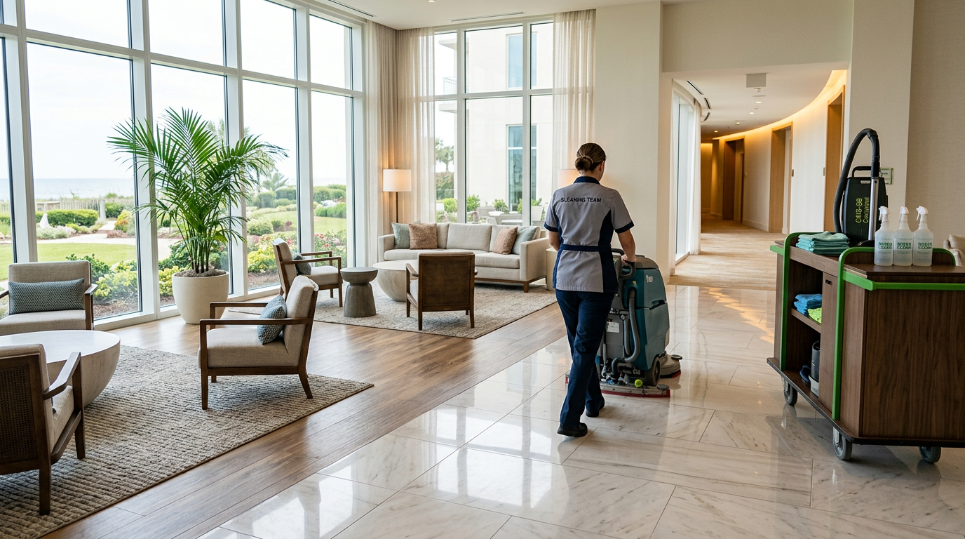 Illustration of “The ISSA CIMS-GB Commercial Custodial Standard: Transitioning Grand Strand Facilities to High-Performance, Low-Emission Sustainable Cleaning Systems” — Commercial & Hospitality article cover