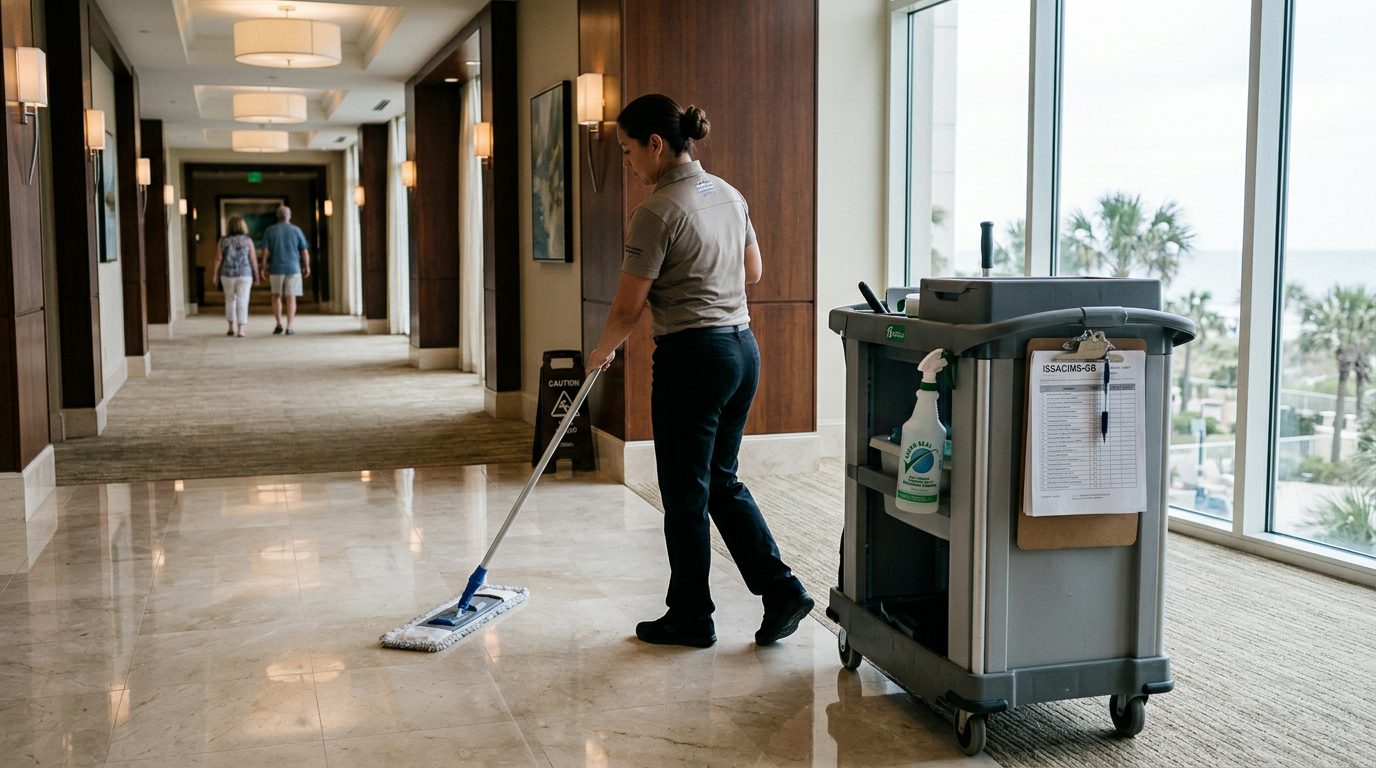 Illustration of “The ISSA CIMS-GB Standard for Commercial Facility Operations: Aligning National Labor-Production Metrics, Green Seal Chemistries, and Quality-Assurance Audits in Grand Strand Resorts and Office Parks” — Commercial & Hospitality article cover