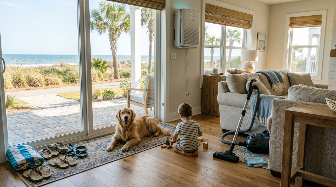 Illustration of “The Multi-Species Coastal Living Room: Child-Safe, Pet-Friendly Protocols for Managing Sand, Dander, and Humidity in Grand Strand Homes” — Coastal Living article cover