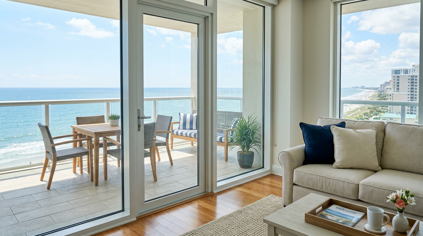 Illustration of “The Oceanfront Balcony Audit: Managing Salt-Crusted Glass, Wind-Blown Railings, and Outdoor Furniture Turnovers in Grand Strand High-Rises” — Vacation Rentals article cover