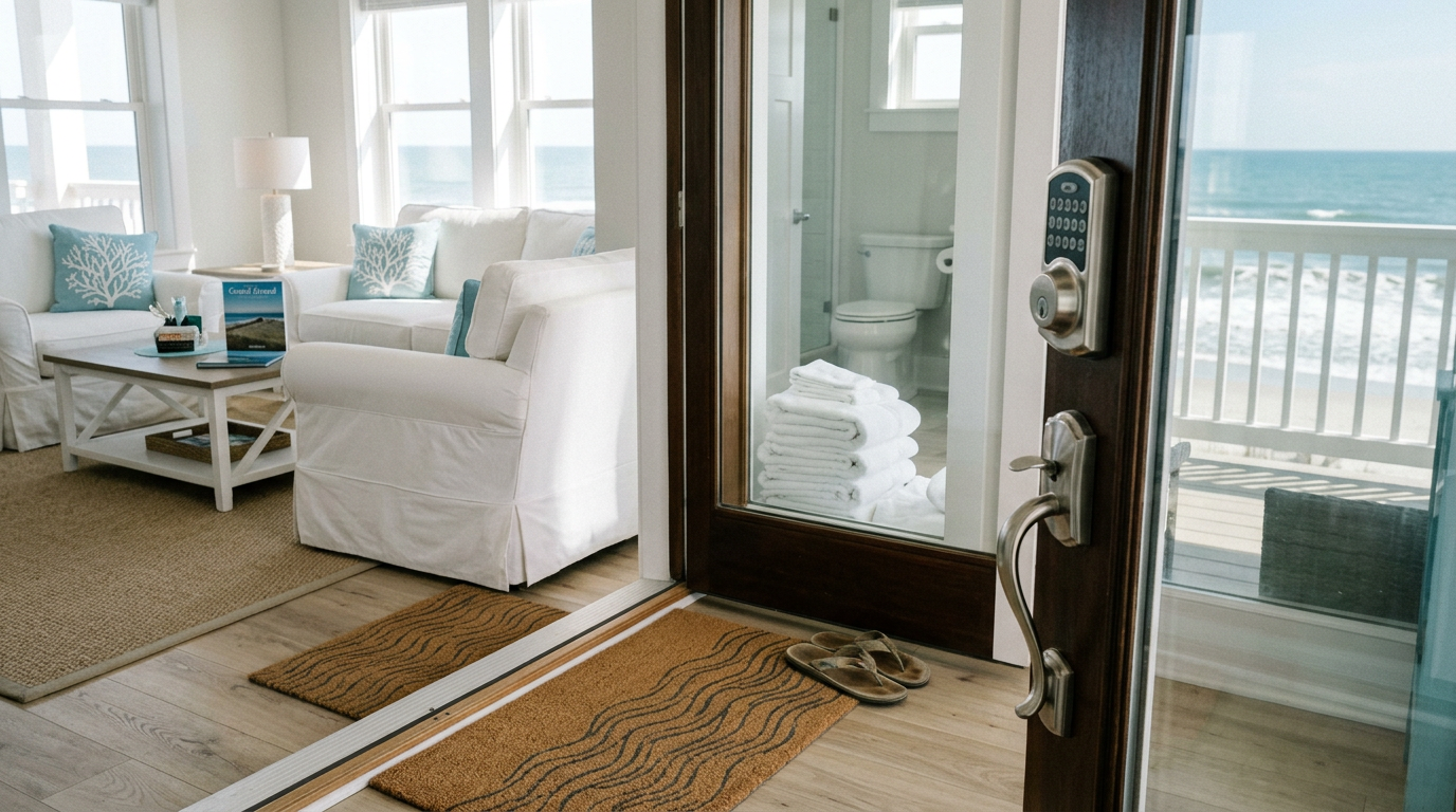 Illustration of “The Oceanfront Threshold Turn: Preventing Sand-Track Failures, Lockset Corrosion, and Entryway Slips in Grand Strand Rentals” — Vacation Rentals article cover
