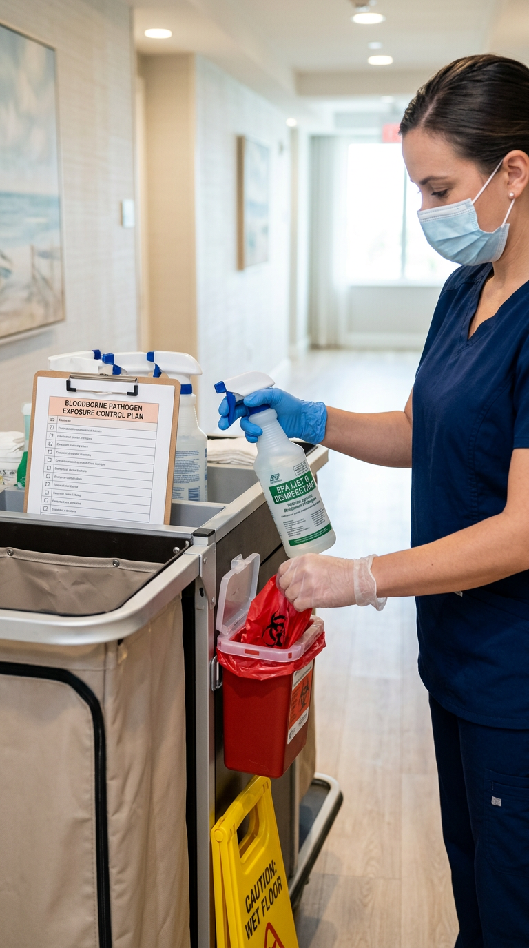 Illustration of “The OSHA Bloodborne Pathogen Standard for Coastal Hospitality and Commercial Facilities: Implementing Exposure Control Plans, EPA List Q Disinfectants, and Post-Incident Workflows in Myrtle Beach” — Commercial & Hospitality article cover