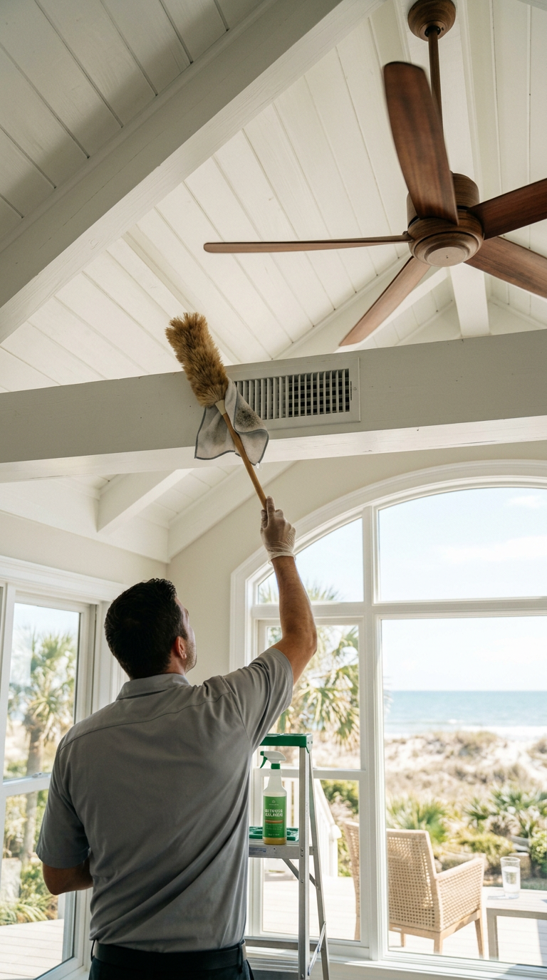 Illustration of “The Overhead Allergen Trap: Cleaning Vaulted Ceilings, Fan Blades, and HVAC Registers in Coastal Homes” — Coastal Living article cover