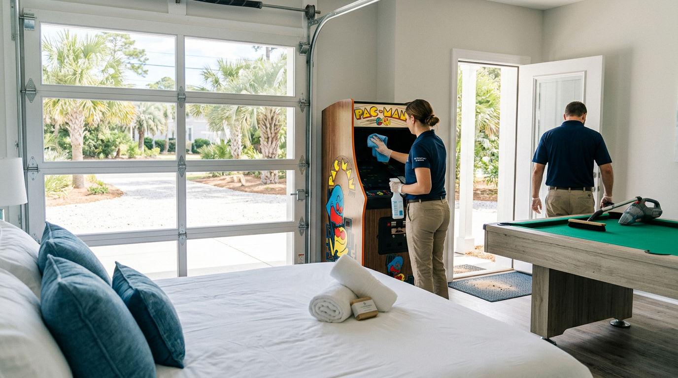 Illustration of “The Private Game Room and Garage Suite Turnover: Preventing Sticky Arcade Screens, Felt Damage, and Sand Accumulation in Grand Strand Rentals” — Vacation Rentals article cover