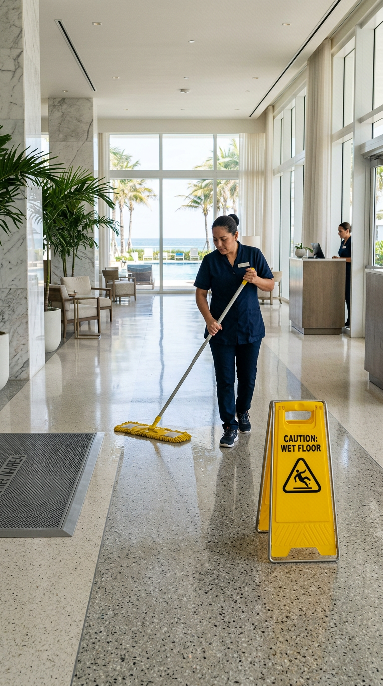 Illustration of “The Science of Floor Safety: ANSI Standards and Slip Prevention in Coastal Commercial Facilities” — Commercial & Hospitality article cover