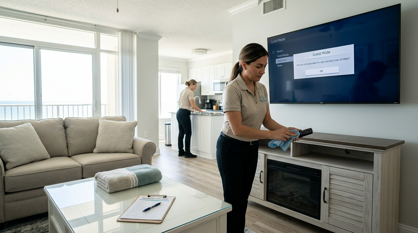 Illustration of “The Smart TV Guest-Mode Reset and Remote Control Decontamination Protocol: Stopping Account Hijacking, Sticky Hardware, and Entertainment Failures in Grand Strand Turnovers” — Vacation Rentals article cover